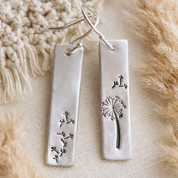 2/$30 🔥 Hand Stamped Silver Bar Earrings | Dandelion Botanical Drop Earrings - Picture 3 of 4